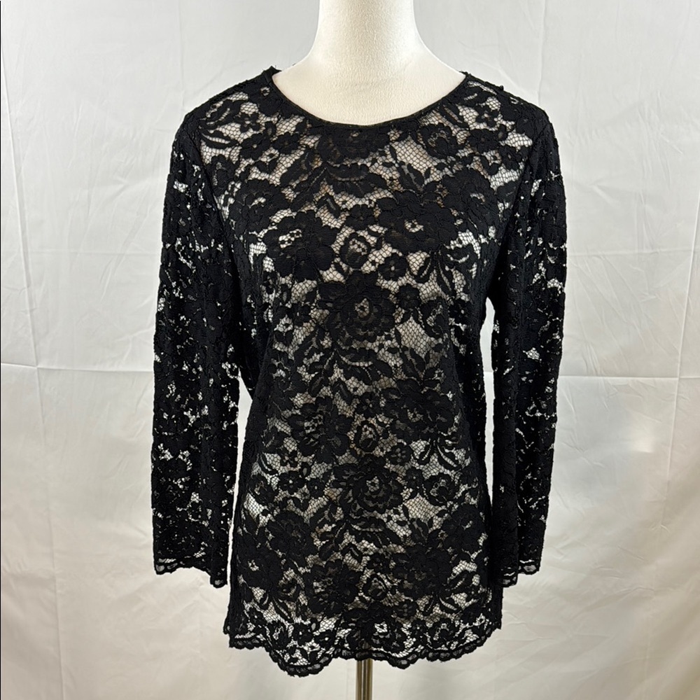 Boden Lace 3/4 Sleeve Floral Black Zipper Tie Top Casual Blouse Size 8